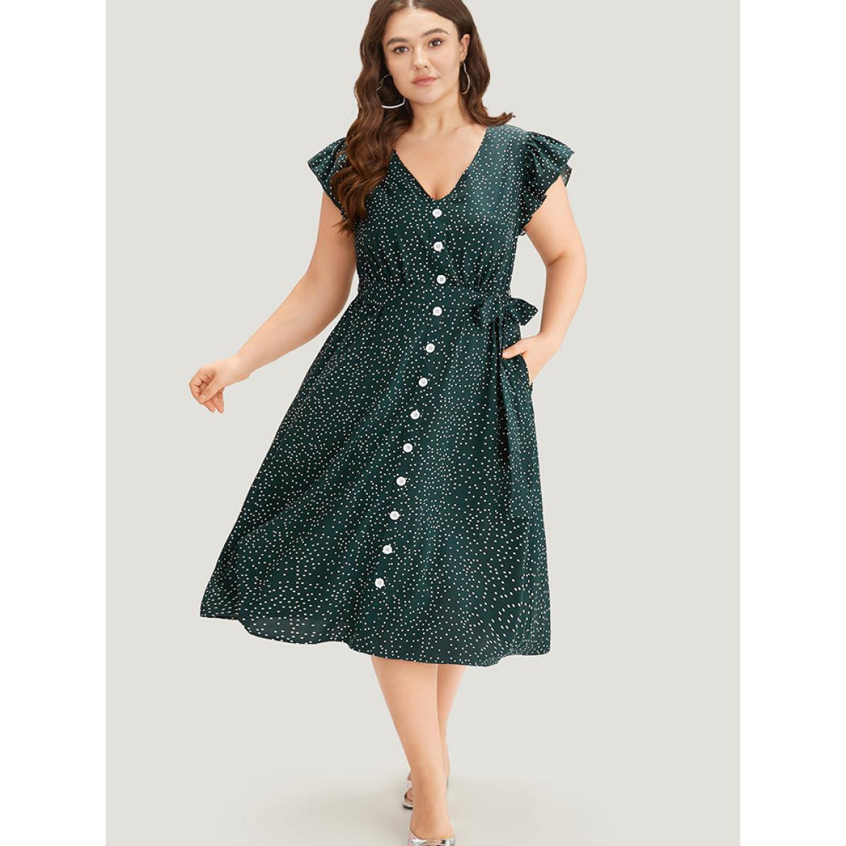 Plus Size Polka Dot Flutter Trim Button Detail Belted Dress Teal Women Office Belted V-neck Sleeveless Curvy Midi Dress BloomChic 28/5X Product Image