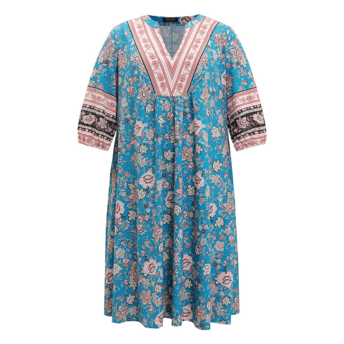 Plus Size Floral Print Notched Lantern Sleeve Contrast Dress Teal Women Vacation Elastic cuffs Notched collar Long Sleeve Curvy Midi Dress BloomChic 14-16/1X Product Image