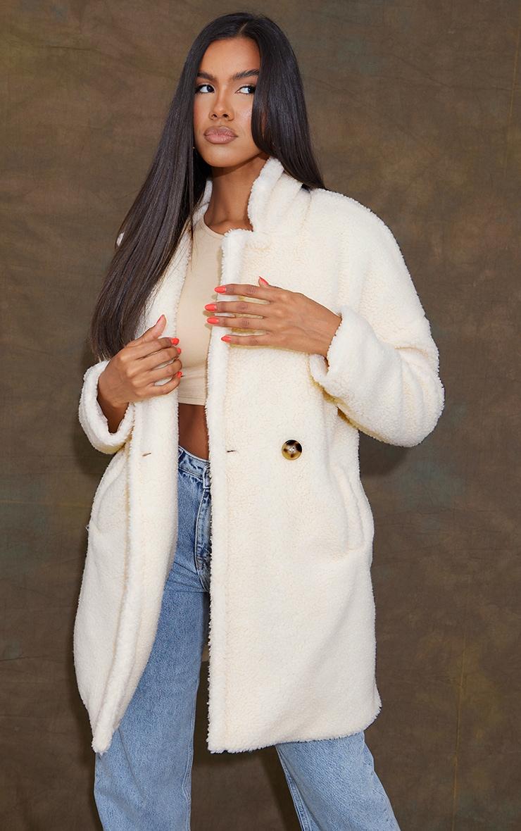 Cream Borg Lapel Drop Arm Midi Coat Product Image