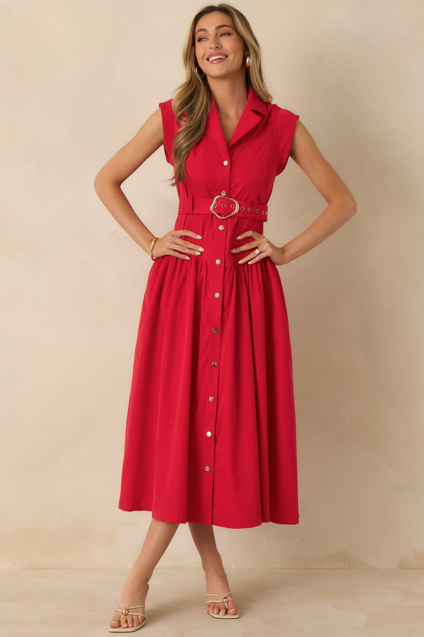 Just Right Moments Red Sleeveless Belted Maxi Shirt Dress L / Red Product Image