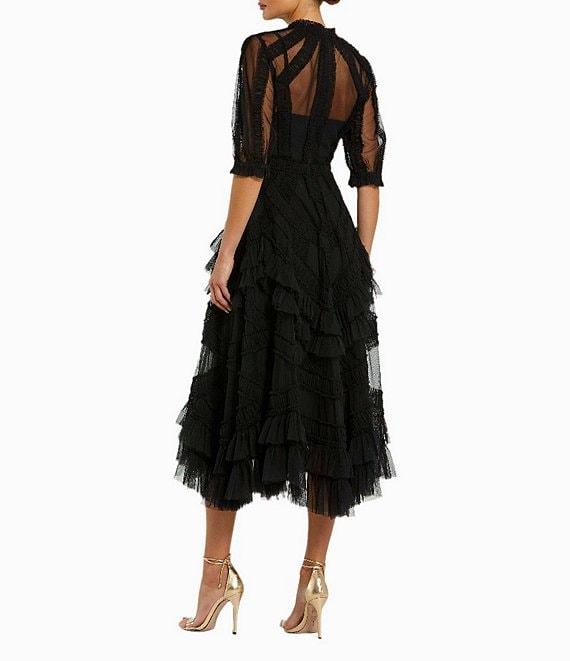 Mac Duggal Mock Neck Short Sleeve Tiered Ruffled Pleated Embellished A-Line Midi Dress Product Image