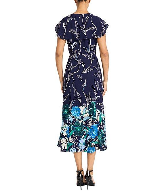 Maggy London Printed Georgette Crew Neck Short Sleeve Back Ruffle A-Line Midi Dress Product Image