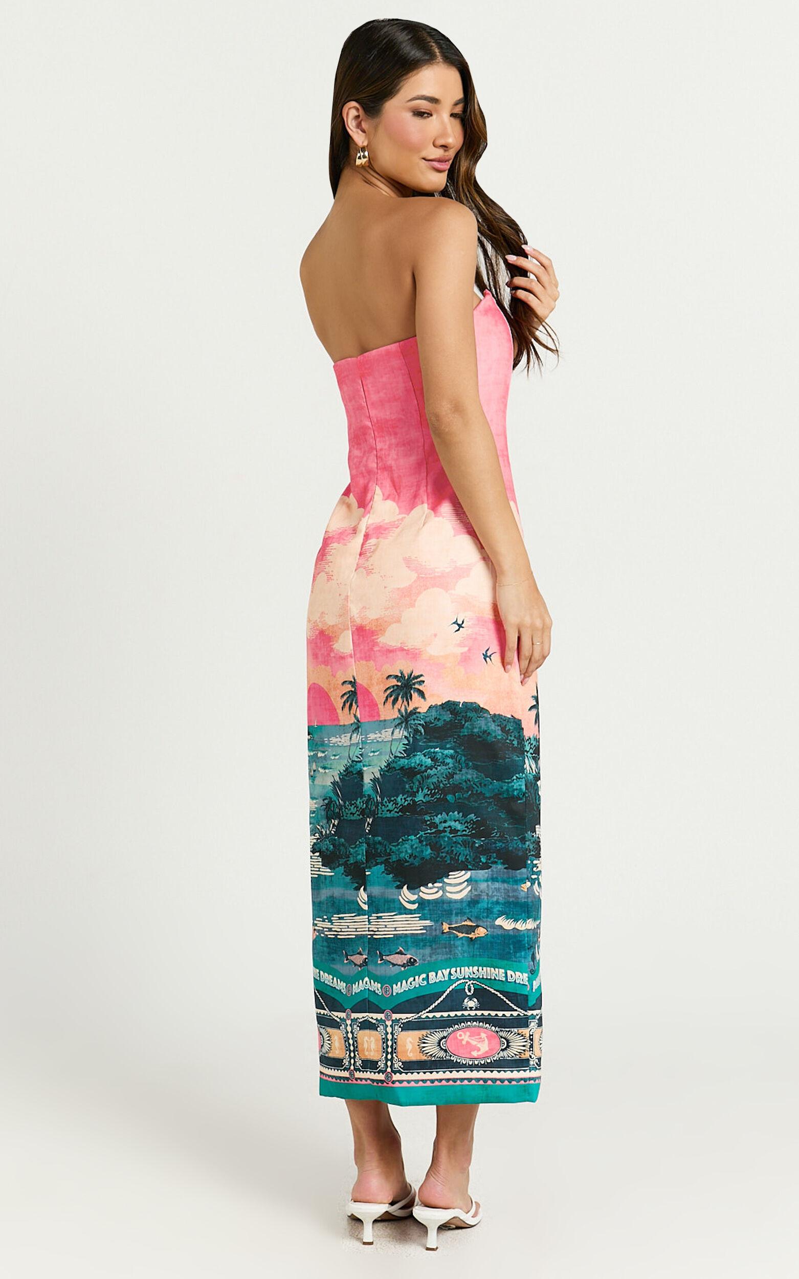 Amalie The Label - Leesha Strapless Fitted Split Leg Midi Dress in Island Sunset Print Product Image