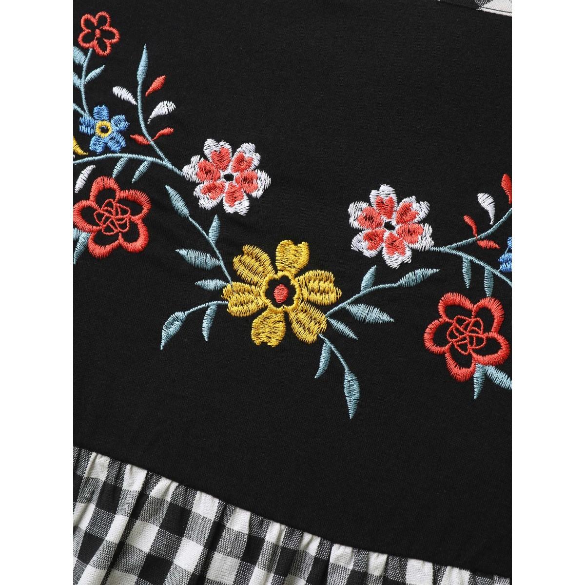 Plus Size Floral Embroidered Plaid Shirred Tank Top Women Black Boho Gathered Non Vacation Tank Tops Camis BloomChic 12/L Product Image