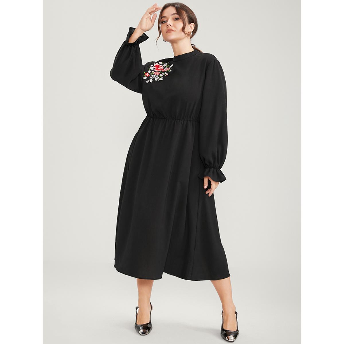 Plus Size Floral Embroidered Pocket Mock Neck Dress Black Women Office Embroidered Mock Neck Long Sleeve Curvy Midi Dress BloomChic 10/M Product Image