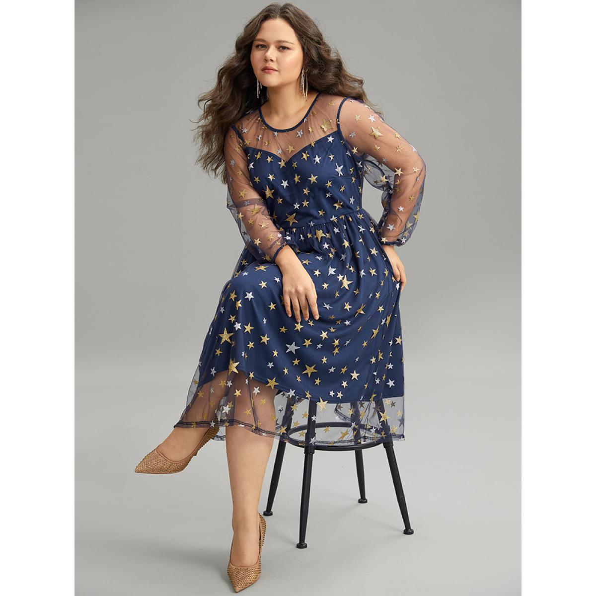 Plus Size Glitter Star Mesh Crew Neck Dress DarkBlue Women Cocktail Elastic cuffs Round Neck Long Sleeve Curvy Midi Dress BloomChic 18-20/2X Product Image