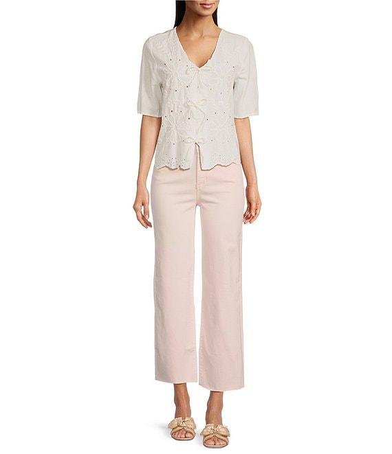 Charlie B. Eyelet Embriodered V-Neck Short Sleeve Scalloped Hem Tie Front Blouse Product Image