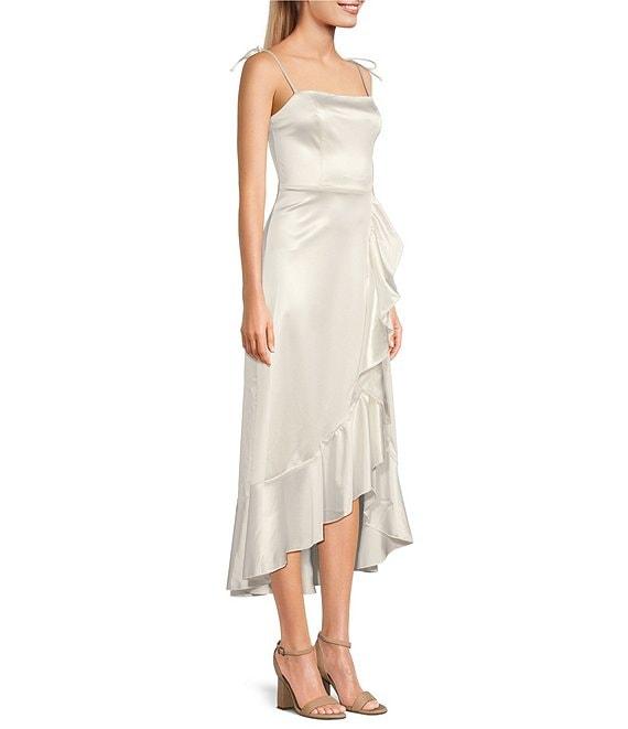 Honey and Rosie Sateen Square Neck Spaghetti Tie Strap Ruffle Midi Dress Product Image