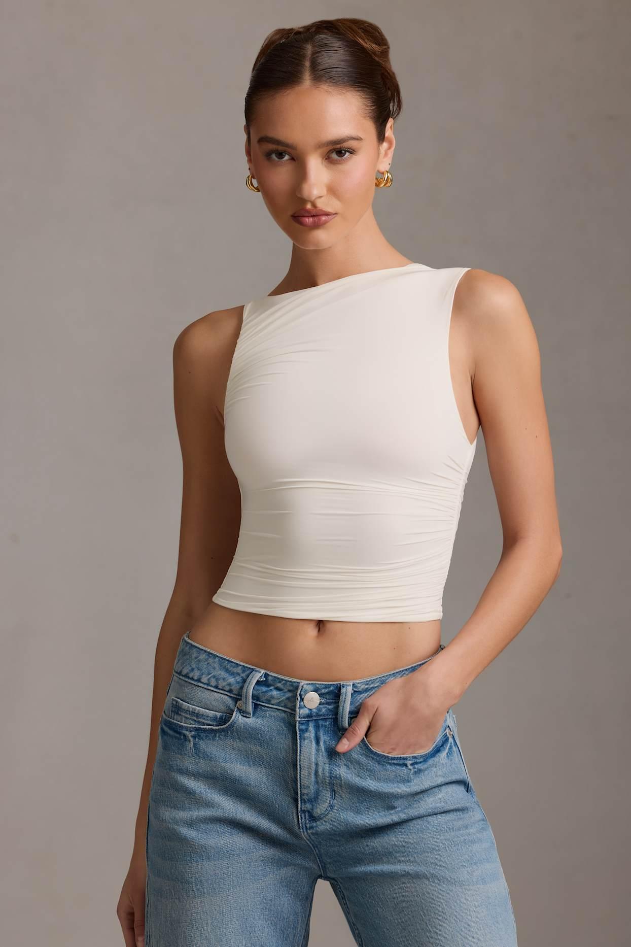 Asymmetric Ruched Tank Top in Vanilla Product Image