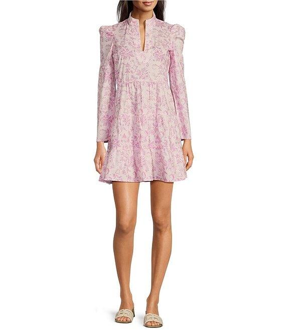 SAIL to SABLE Woven Baroque Floral Print Split Collar V-Neck Bracelet Sleeve Tiered Dress Product Image