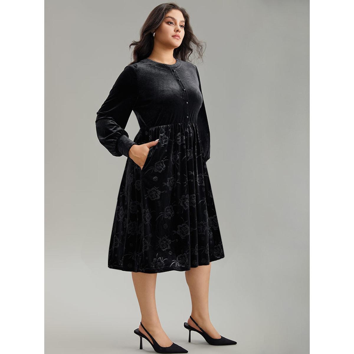 Plus Size Solid Velvet Button Detail Pocket Dress Black Women Office Plain Round Neck Long Sleeve Curvy Midi Dress BloomChic 18-20/2X Product Image