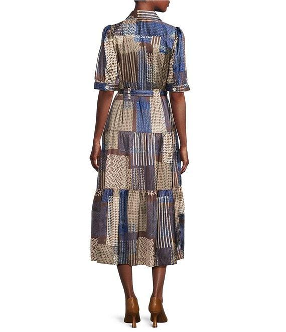 APNY Woven Printed Spread Collar 3/4 Sleeves Tiered Shirt Midi Dress Product Image