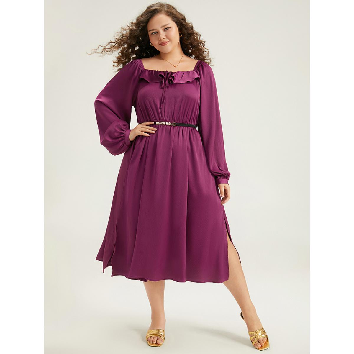 Plus Size Plain Flutter Trim Ties Split Side Dress Purple Women Elegant Gathered Square Neck Long Sleeve Curvy Midi Dress BloomChic 22-24/3X Product Image