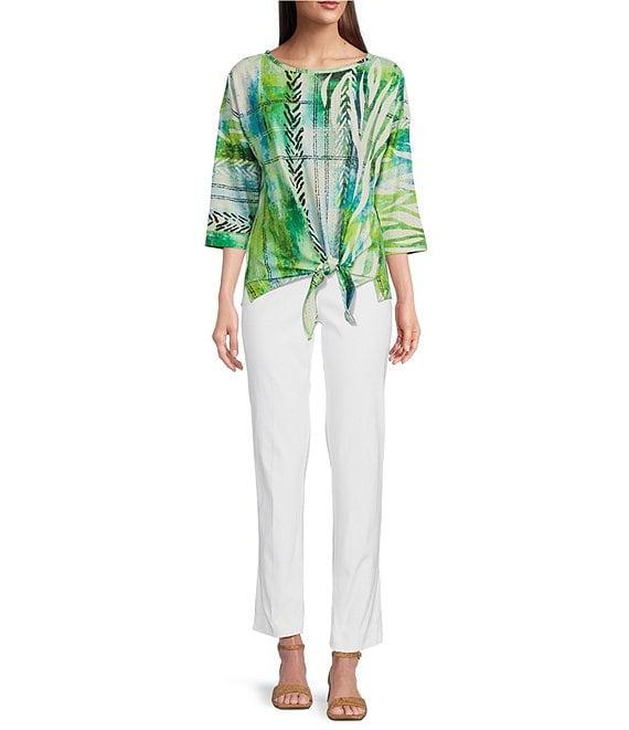 Ali Miles Petite Size Textured Knit Abstract Print Scoop Neck 3/4 Dolman Sleeve Eyelet Top Product Image