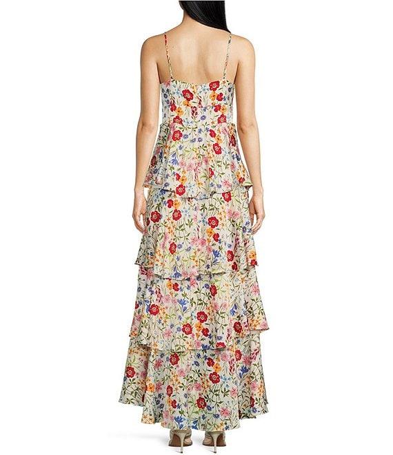 Skies Are Blue Floral Print Sweethart Neck Sleeveless Tiered Maxi Dress Product Image