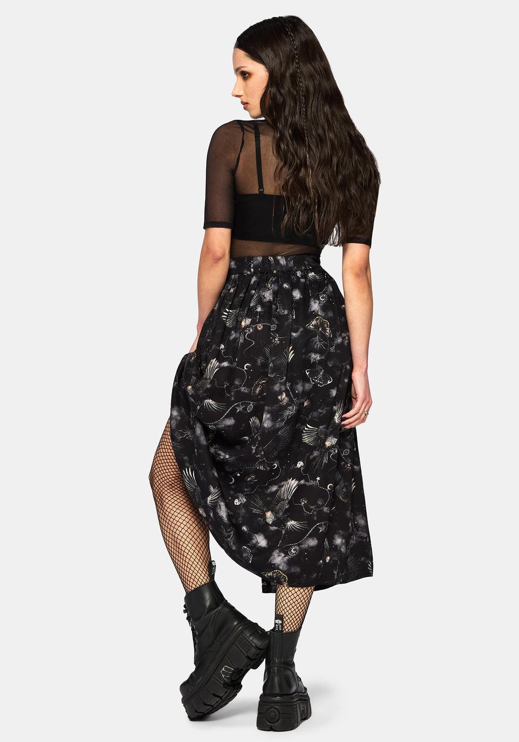 Crimson Magpie and Moth Print Button Up Midi Skirt Product Image