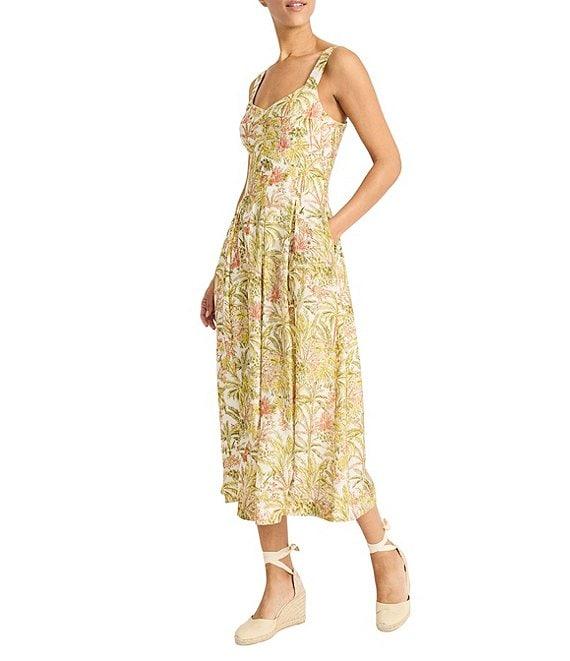 Maggy London Sweetheart Neck Sleeveless Tropical Printed Tricot Drop Waist Midi Dress Product Image