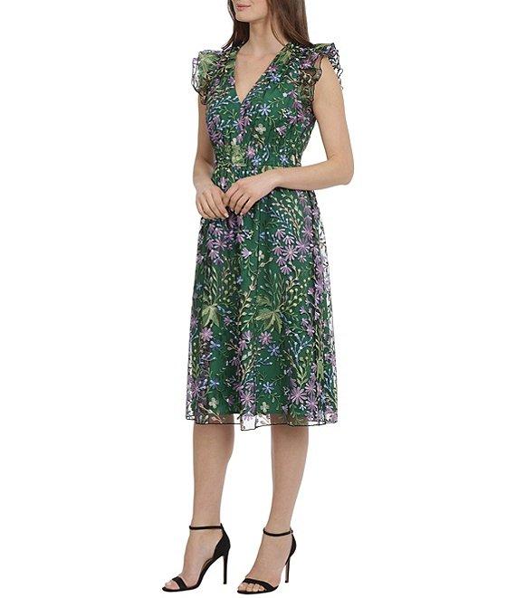 Maggy London Floral Embroidered Ruffle Trim Sleeveless A-Line Midi Dress Product Image