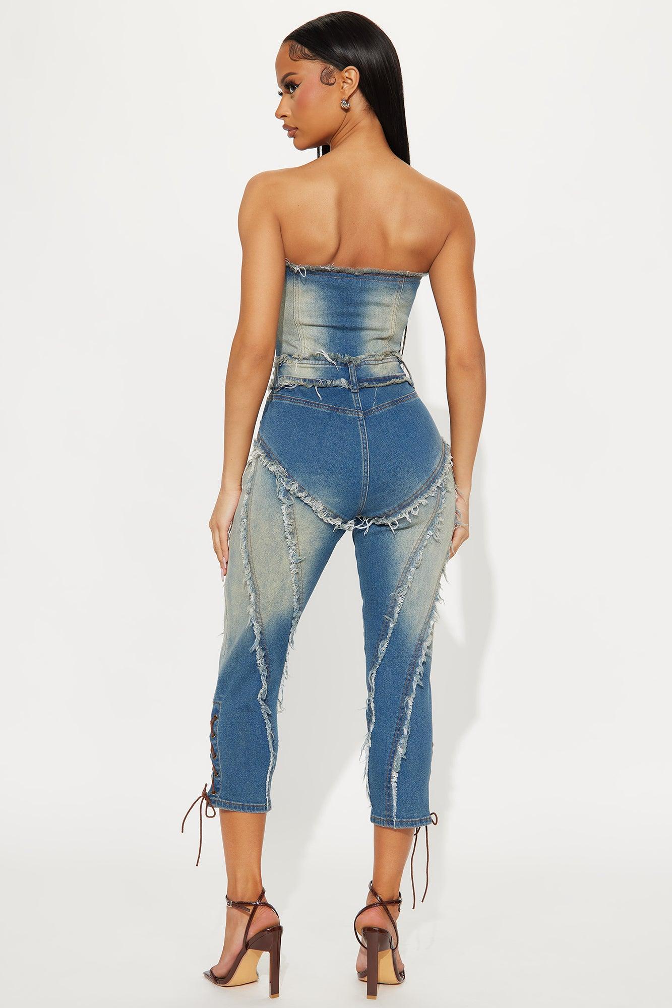 Stacked Up Washed Denim Capri Jumpsuit - Medium Wash Product Image