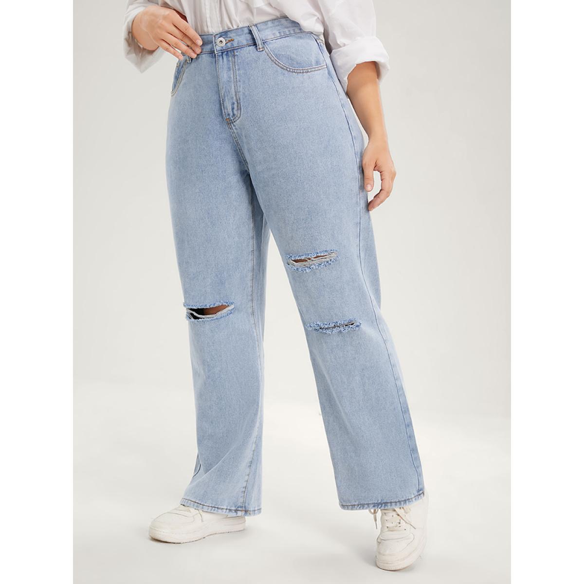 Plus Size Boyfriend Wide Leg Non Stretchy High Rise Light Wash Distressed Jeans Women LightBlue Casual Plain Distressed No stretch Pocket Jeans BloomChic 16/1X Product Image