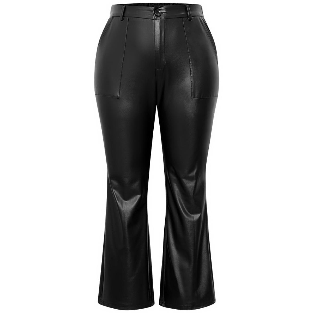 Plus Size Plain PU Leather Pocket Bootcut Pants Women Black Party Flare Leg High Rise Going out Pants BloomChic 28/5X Product Image
