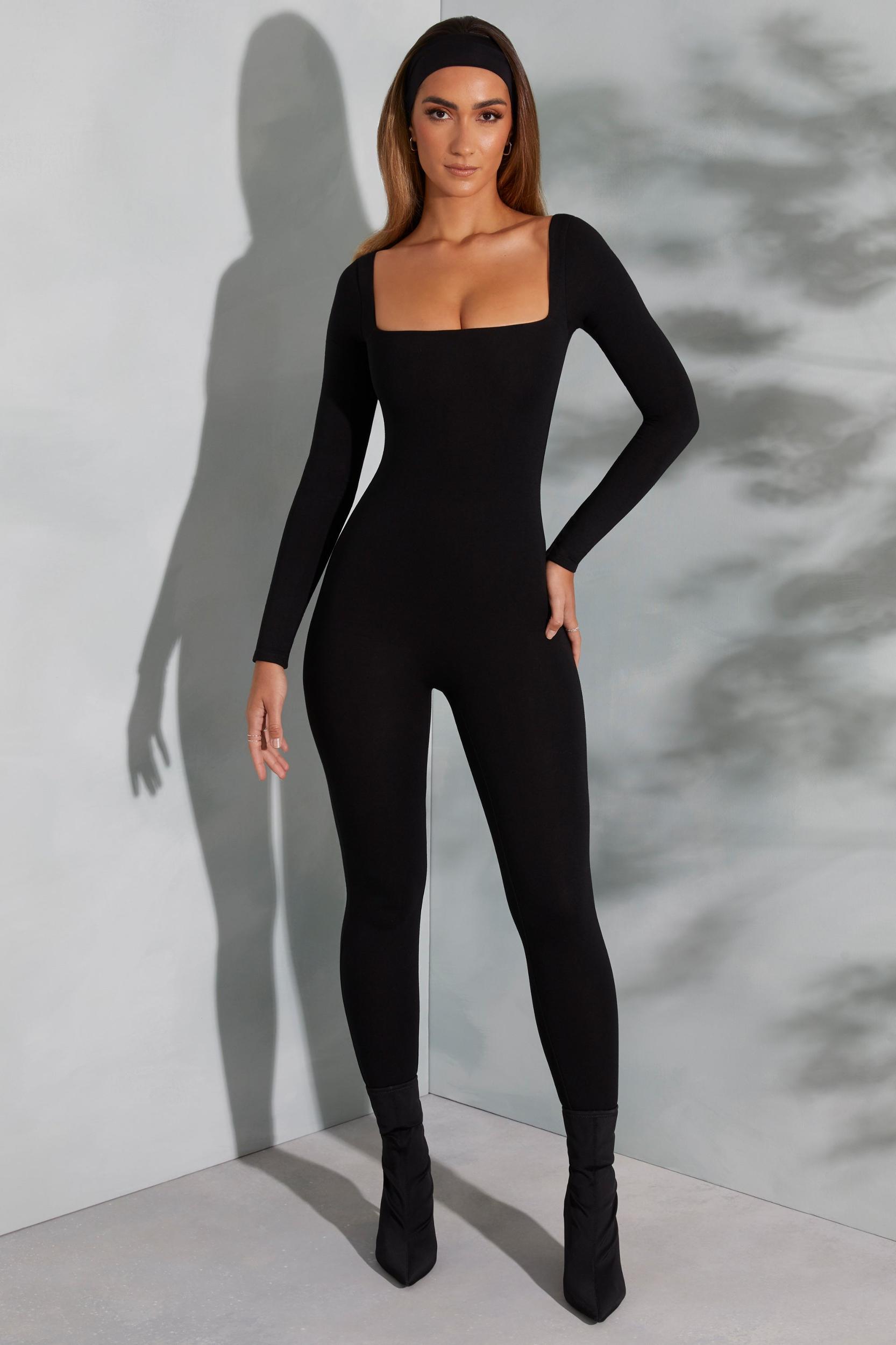 Square Neck Long Sleeve Jumpsuit in Black Product Image