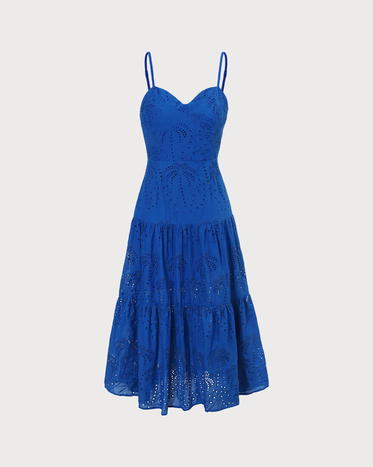The Blue Sweetheart Neck Embroidery Slip Midi Dress Product Image