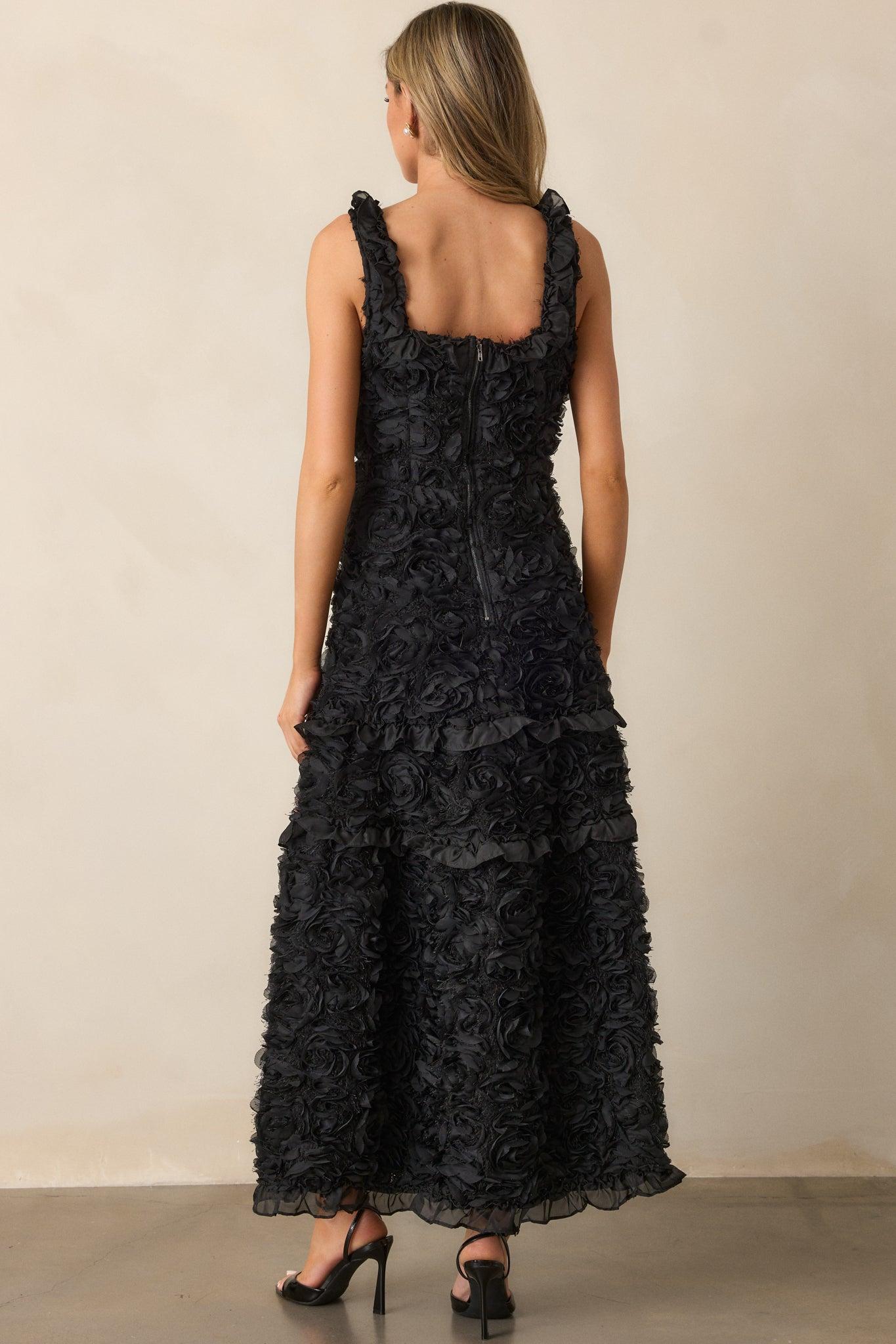 Something Good Black Floral Applique Maxi Dress Product Image