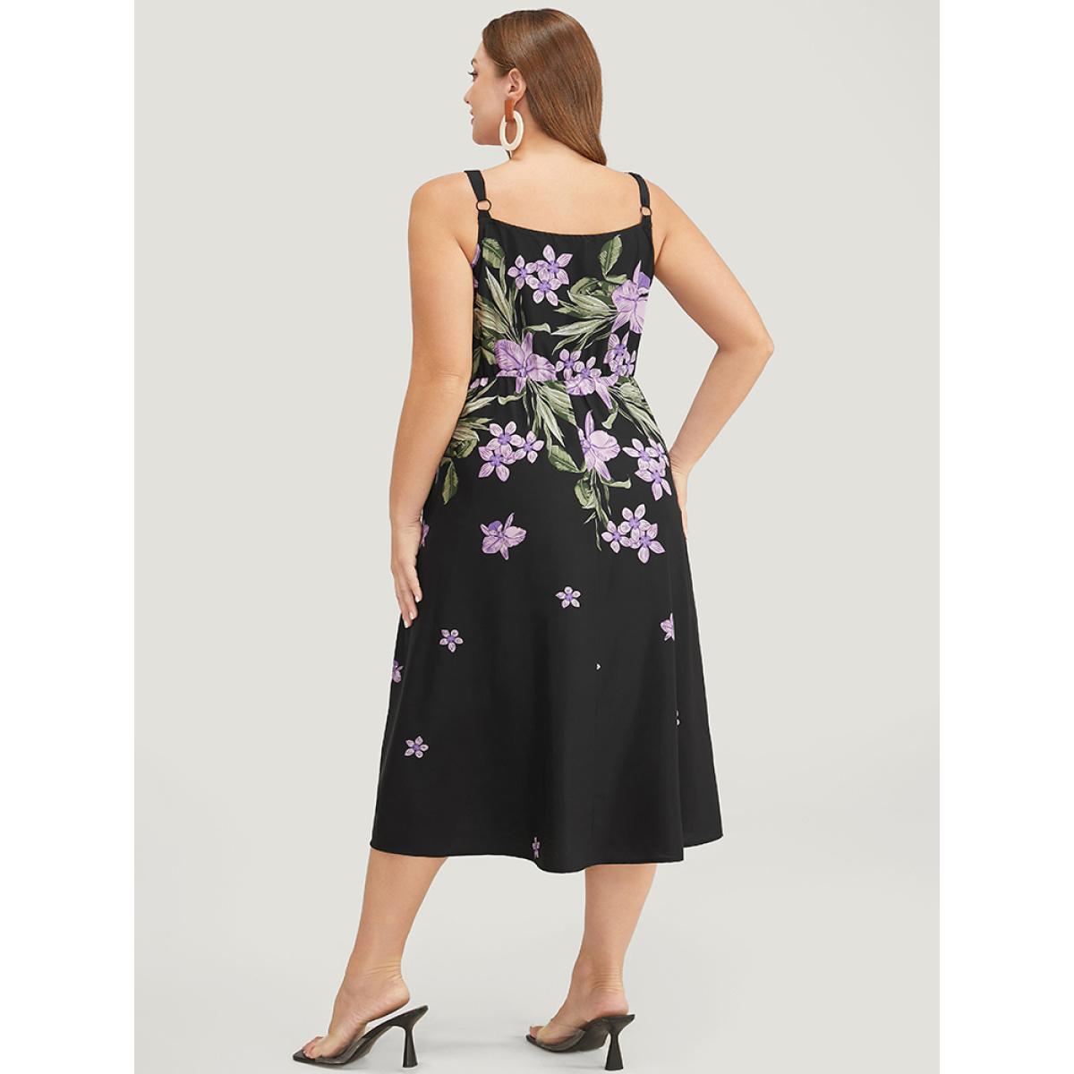 Plus Size Floral Pocket Adjustable Straps Ruffle Hem Cami Dress Black Women Elegant Adjustable Straps Spaghetti Strap Sleeveless Curvy Midi Dress BloomChic 22-24/3X Product Image