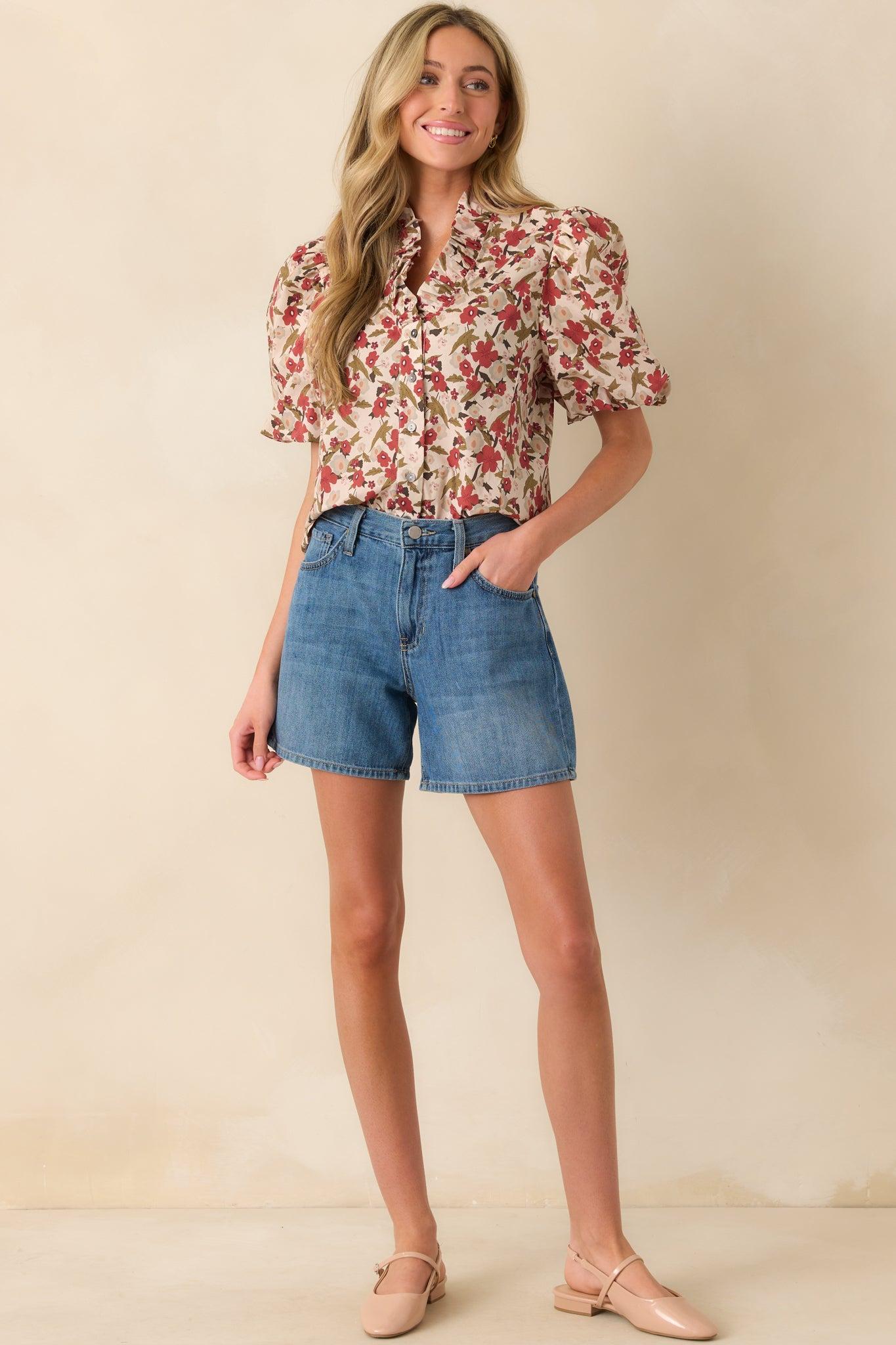 When You Know Red Multi Floral Print Cotton Puff Sleeve Top Product Image