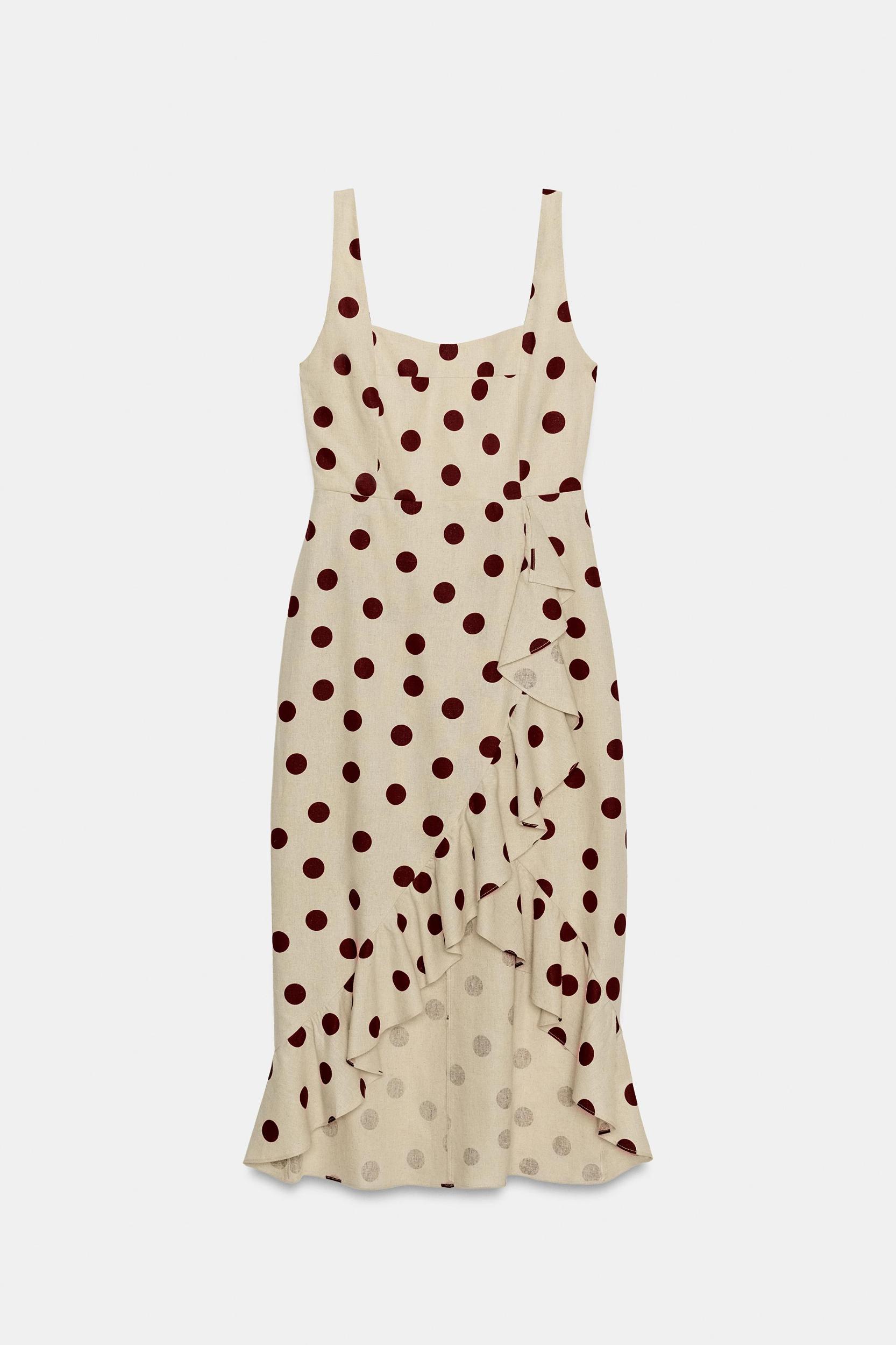 LINEN BLEND POLKA DOT MIDI DRESS Product Image