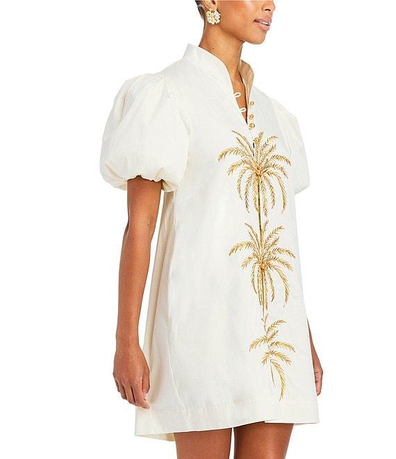 Mestiza New York Elliana Poplin Palm Tree Embroidery Mandarian Collar Short Puff Sleeve Dress Product Image