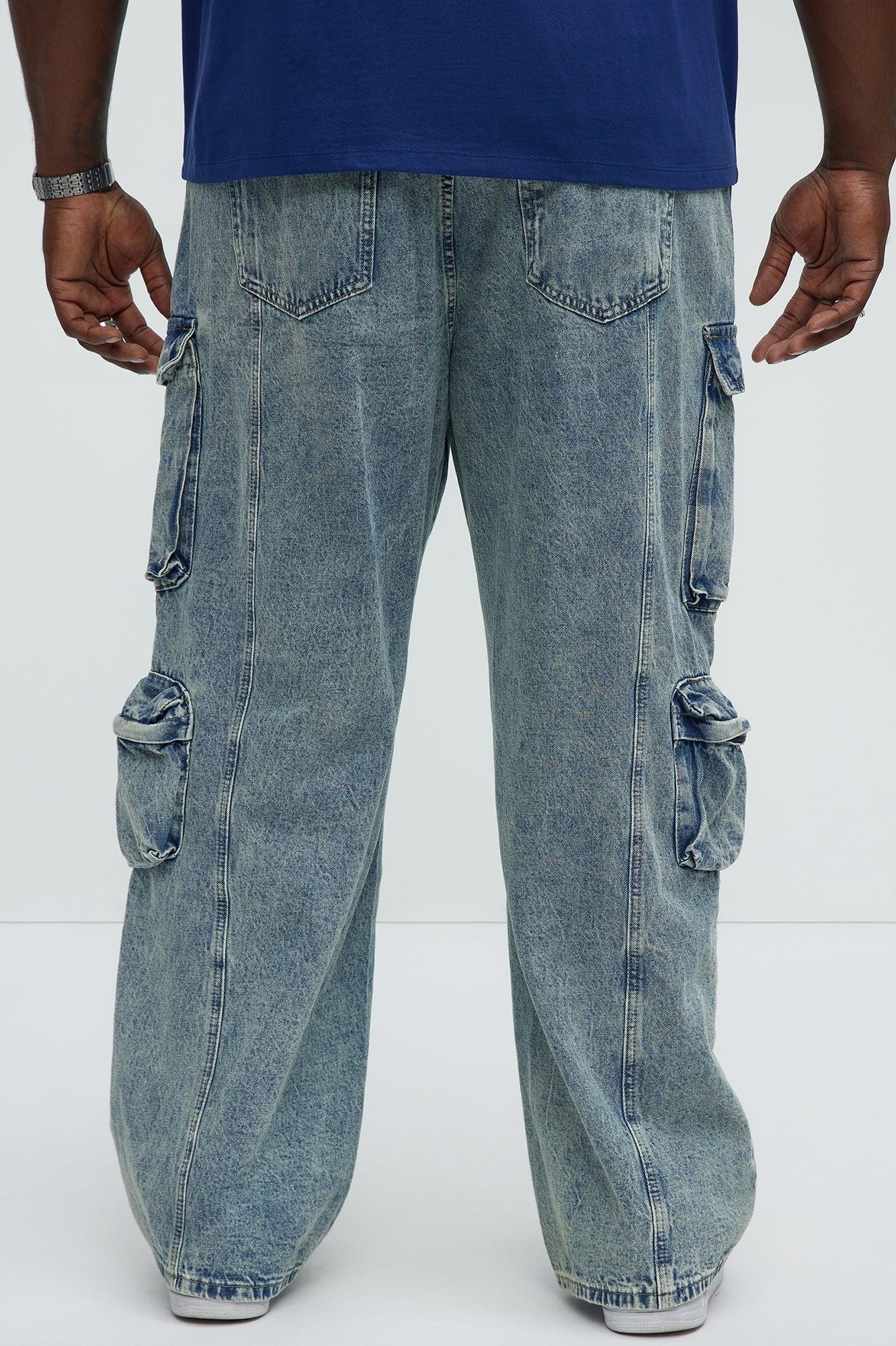 Wish So Many Baggy Cargo Jeans - Medium Blue Wash Product Image