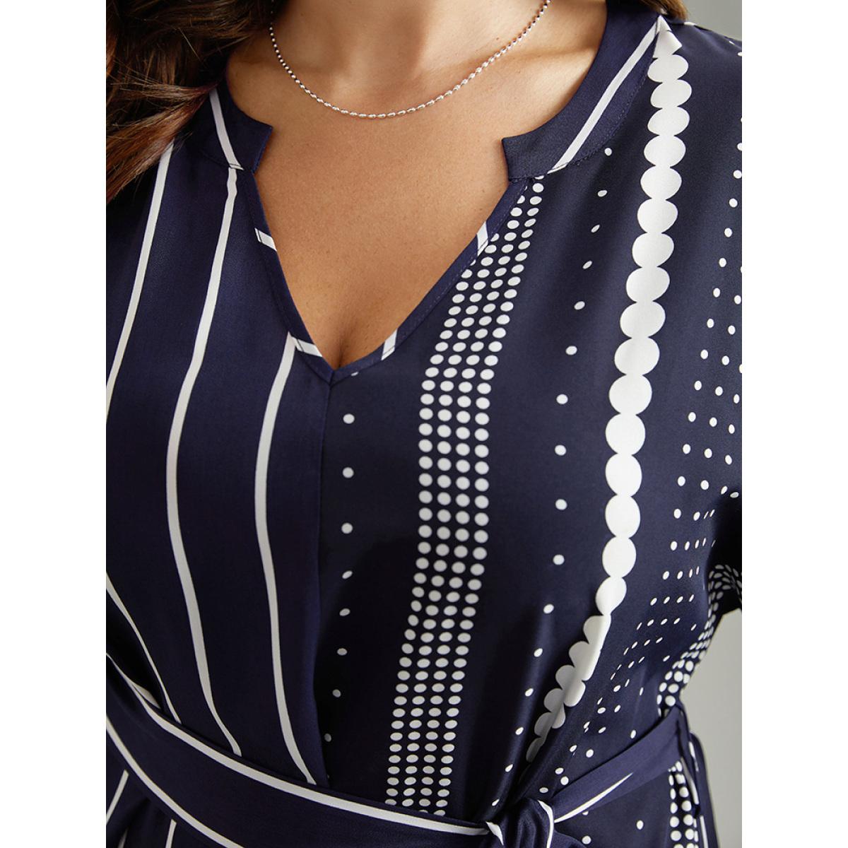 Plus Size Striped Patchwork Polka Dot Belted Notched Dress DarkBlue Women Office Belted Notched collar Elbow-length sleeve Curvy Midi Dress BloomChic 22-24/3X Product Image