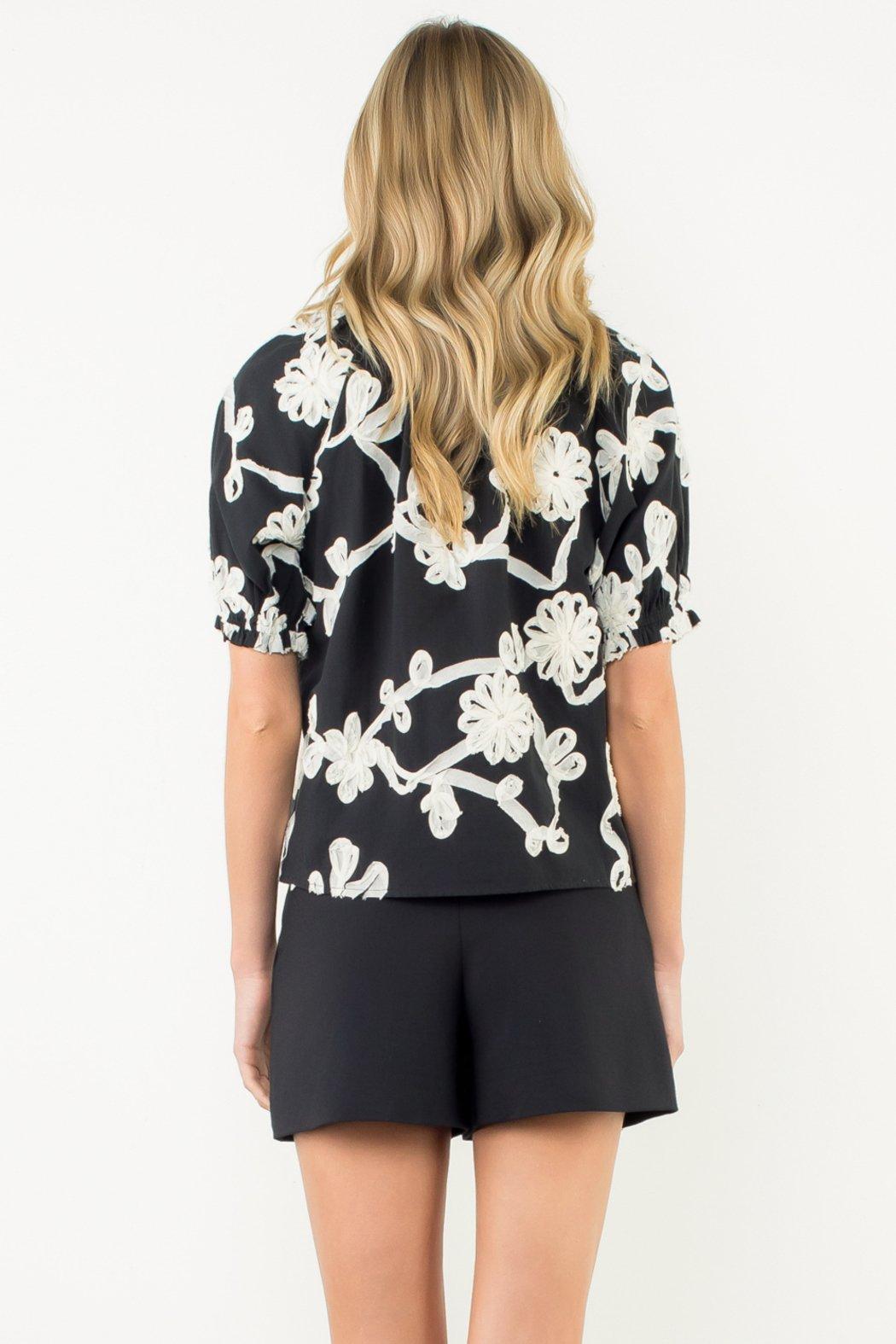 Dot Puff Sleeve Textured Flower Top Product Image