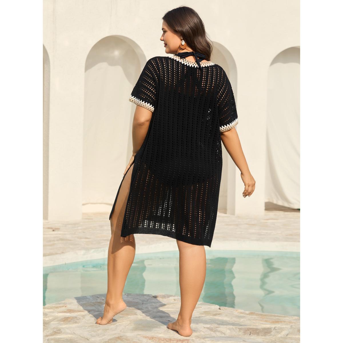 Plus Size Crochet Floral Embroidery Slit Swim Cover-Up Women's Swimwear Black Resort Loose Texture Curve Swim Cover Ups BloomChic 28/5X Product Image