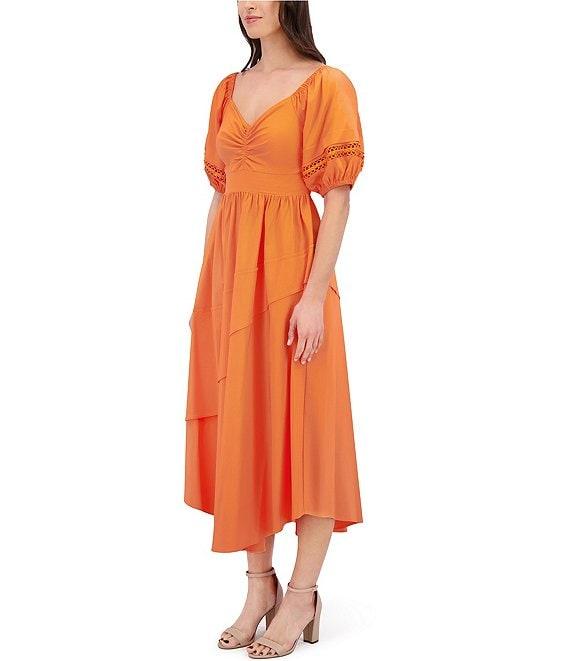SIENA Sweetheart Neck Short Sleeve Ruched Stretch Woven Smocked Back Midi Dress Product Image