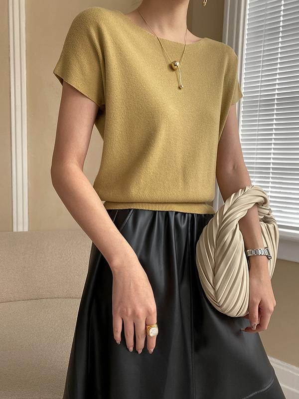 Stylish Loose Solid Color Boat Neck Knitwear Pullovers Tops Product Image