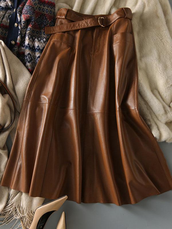 A-Line High Waisted Belted Buttoned Pockets Solid Color Split-Joint Zipper Skirts Bottoms Product Image