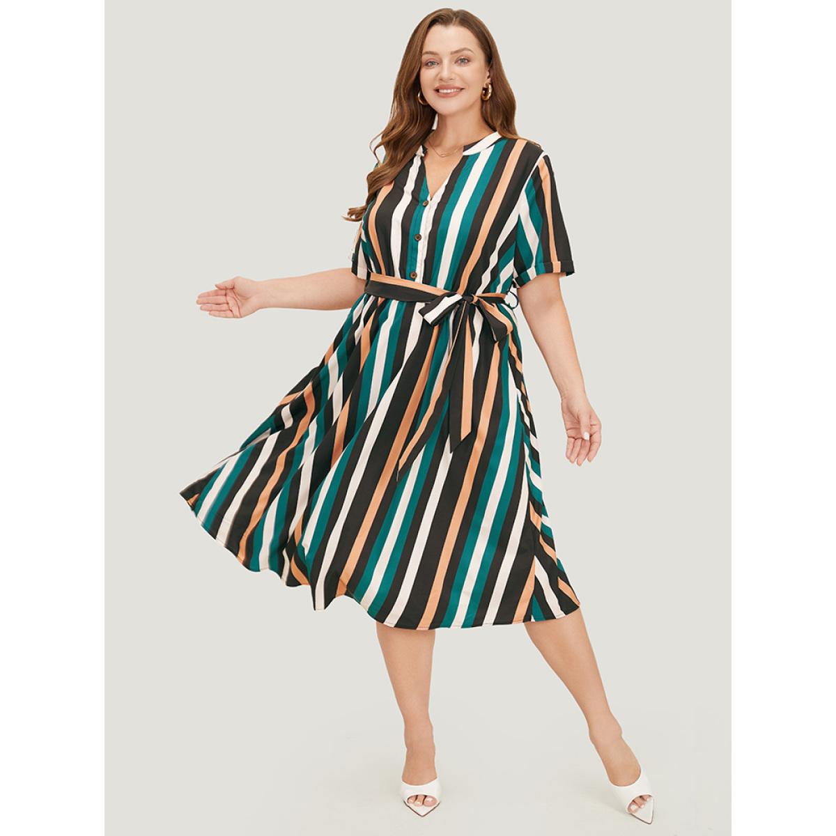Plus Size Striped Contrast Button Detail Belt Pocket Notched Dress Multicolor Women Office Belted Notched collar Short sleeve Curvy Midi Dress BloomChic 28/5X Product Image