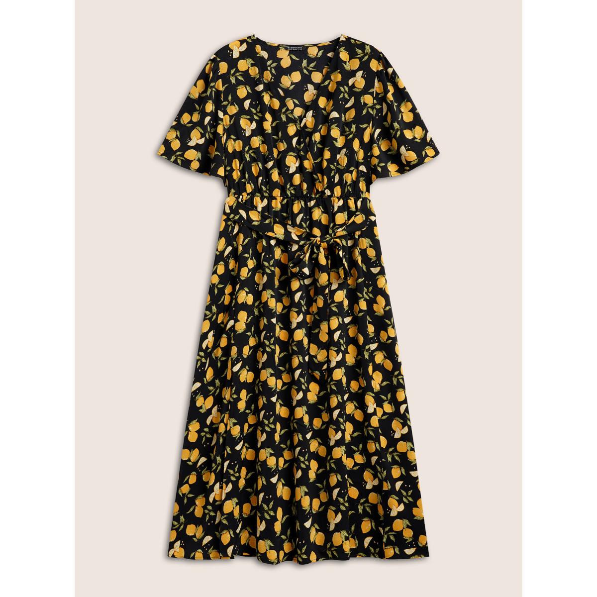 Plus Size Citrus Lemons Print Belted Surplice Neck Split Side Dress BlackFlower Women Elegant Non Overlap Collar Short sleeve Curvy Midi Dress BloomChic 14-16/1X Product Image
