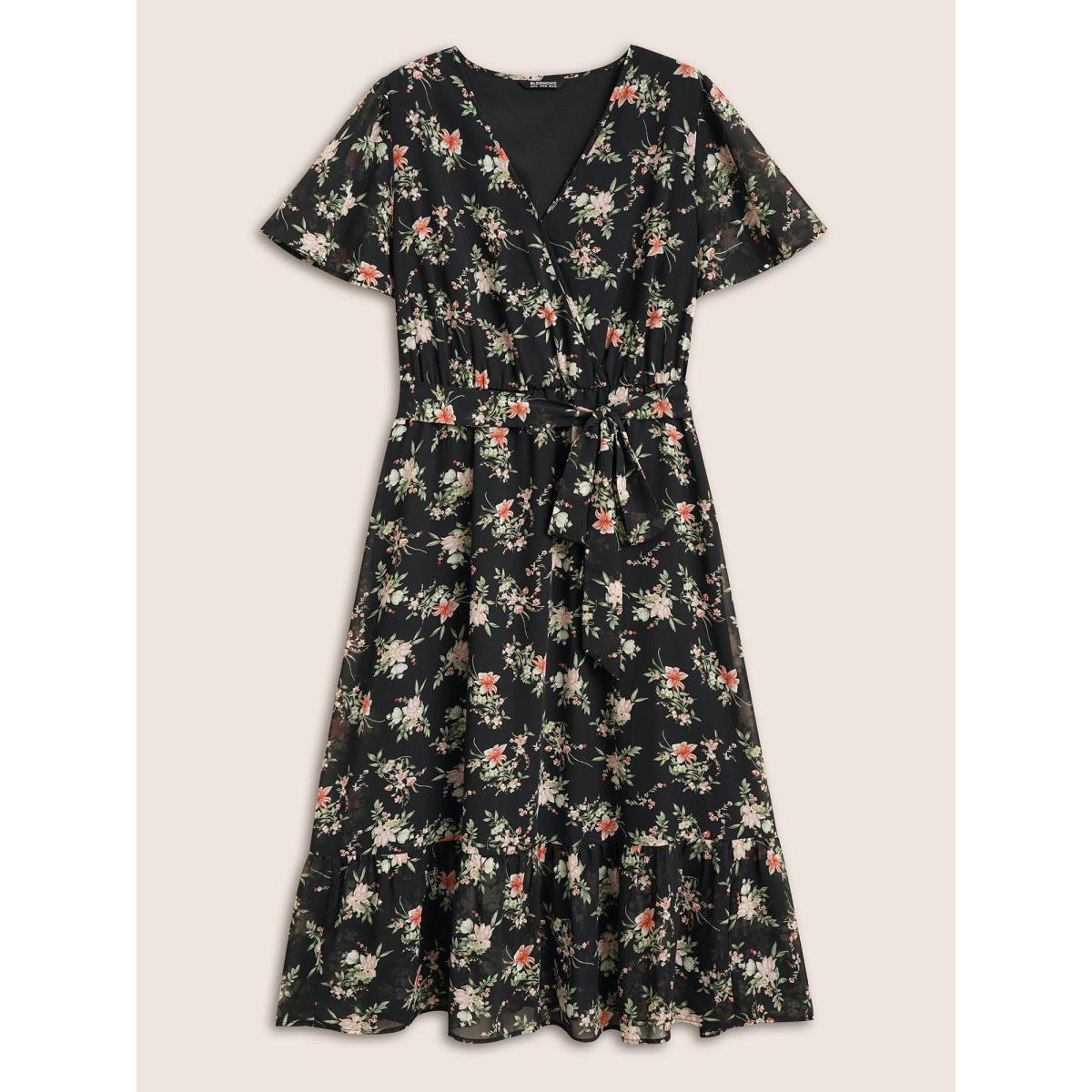 Plus Size Surplice Neck Chiffon Floral Belted Dress Black Women Elegant See through V-neck Short sleeve Curvy BloomChic 30/6X Product Image