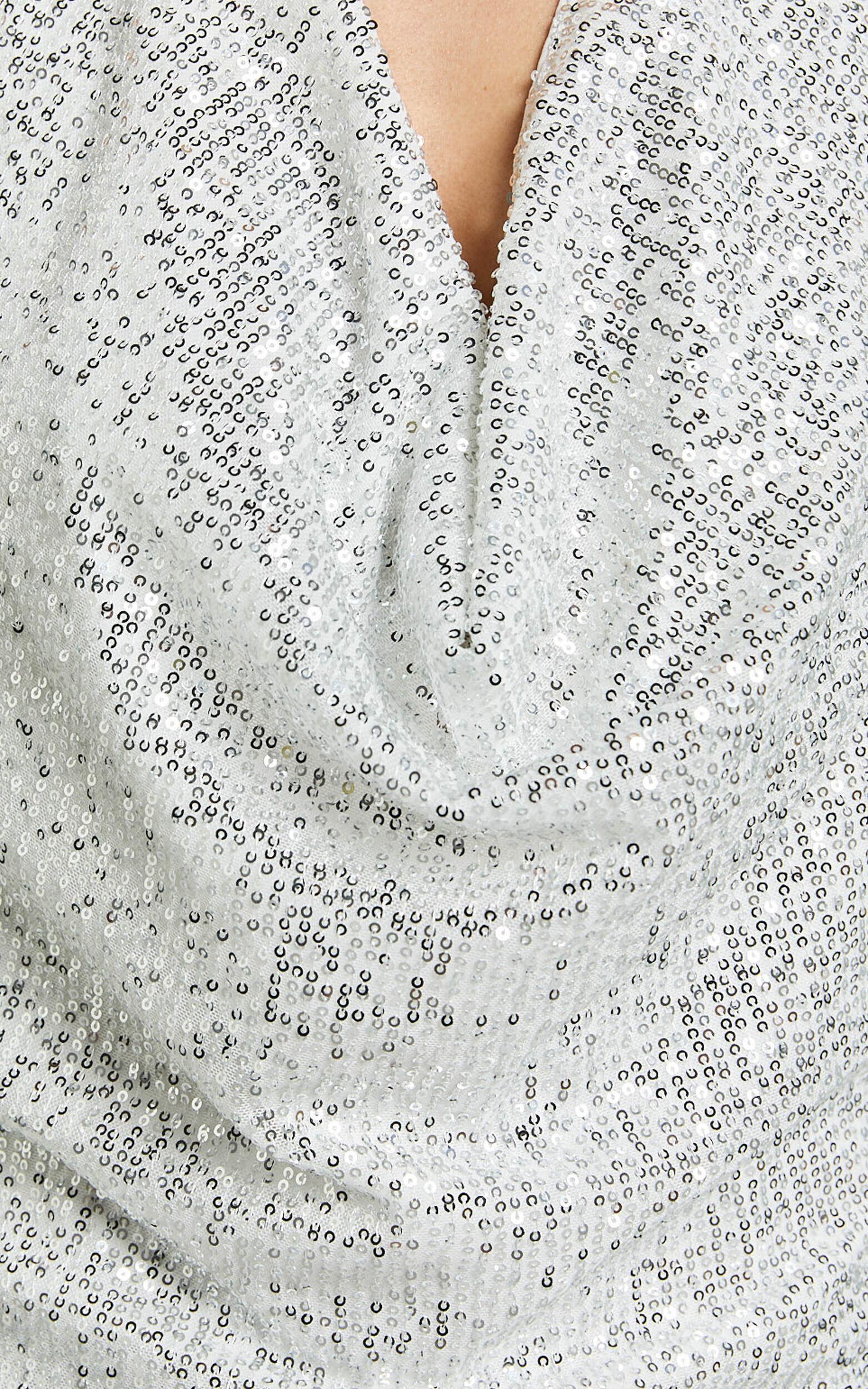 Cynthina Mini Dress - Sequin Cowl Halter Neck Wrap Dress in Silver Product Image