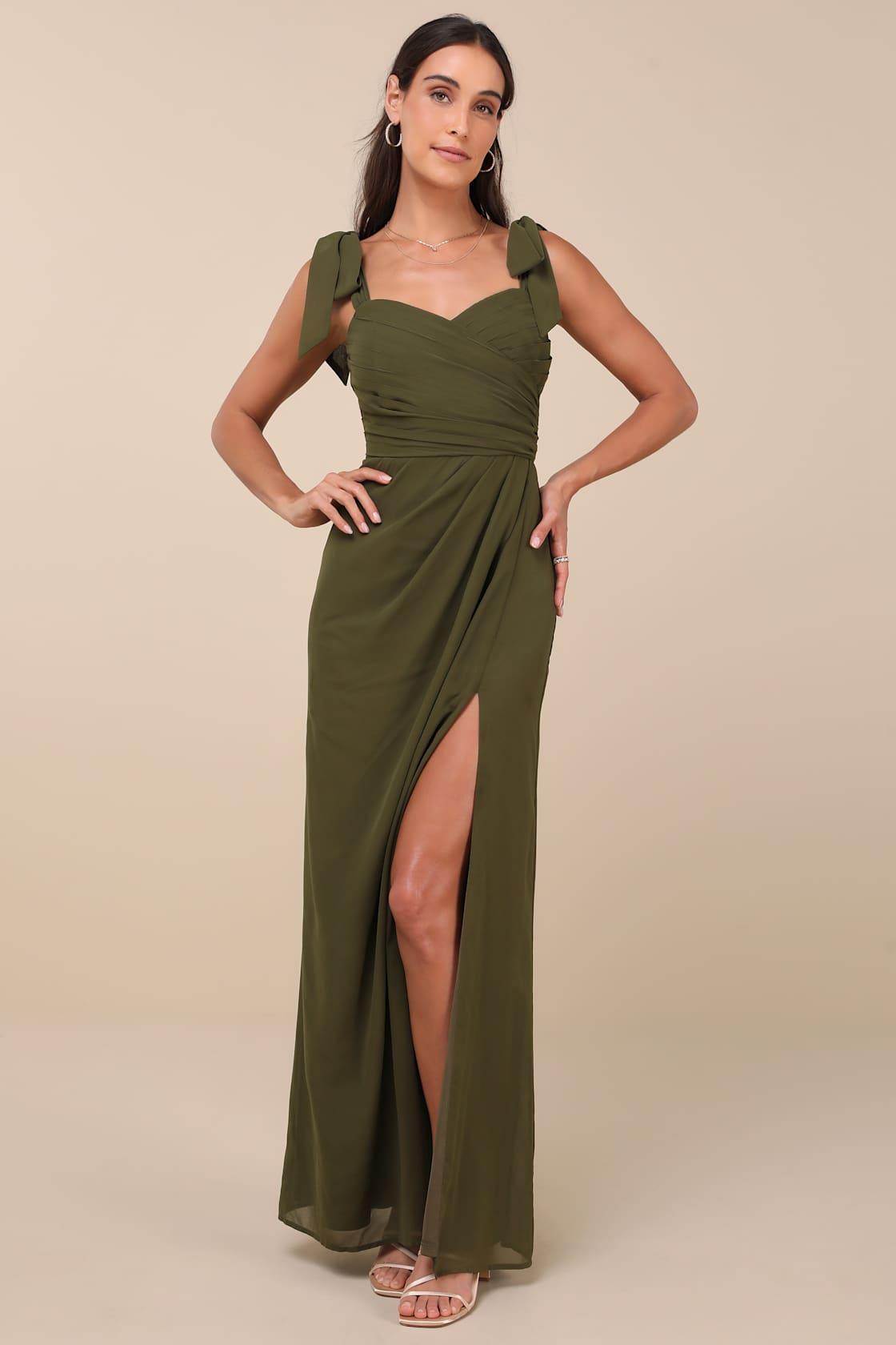 Gorgeous Whimsy Olive Pleated Off-the-Shoulder Maxi Dress Product Image