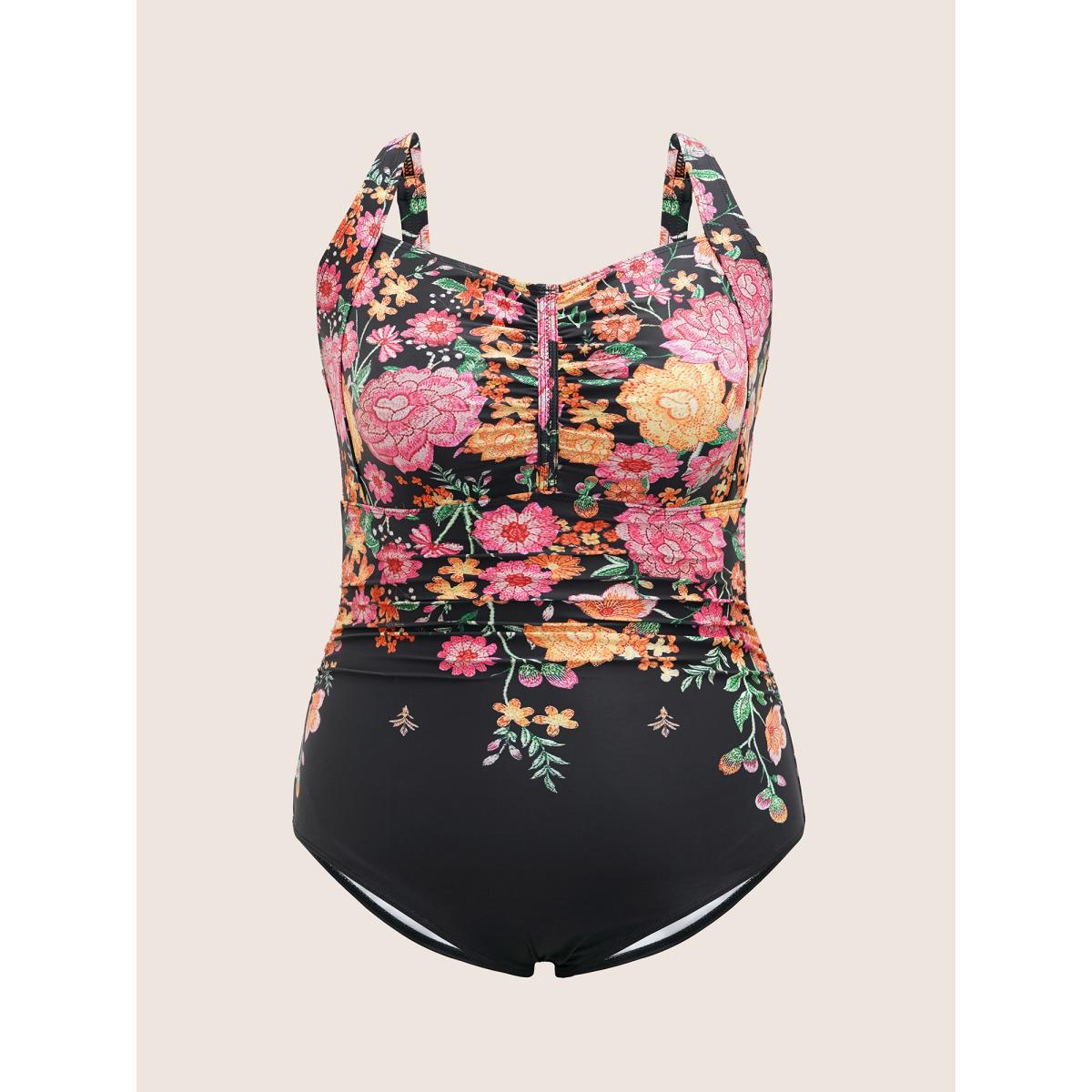 Plus Size Floral Heart Neckline Tucked Seam Ruched One Piece Swimsuit Women's Swimwear Black Beach Tucked seam Curve Bathing Suits High stretch One Pieces BloomChic 22-24/3X Product Image