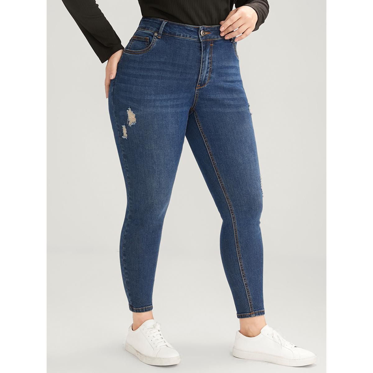 Plus Size Skinny Moderately Stretchy High Rise Dark Wash Distressed Ankle Jeans Women Indigo Casual Plain Zipper Medium stretch Pocket Jeans BloomChic 14/1X Product Image