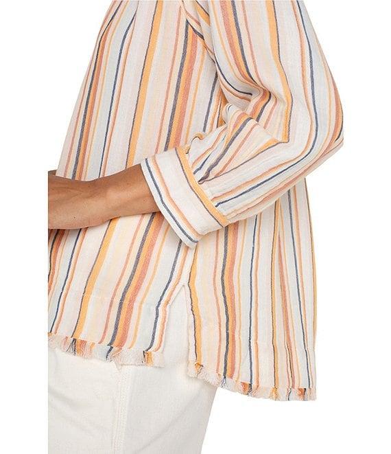 Liverpool Los Angeles Petite Size Stripe Split V-Neck 3/4 Sleeve Frayed Hem Top Product Image