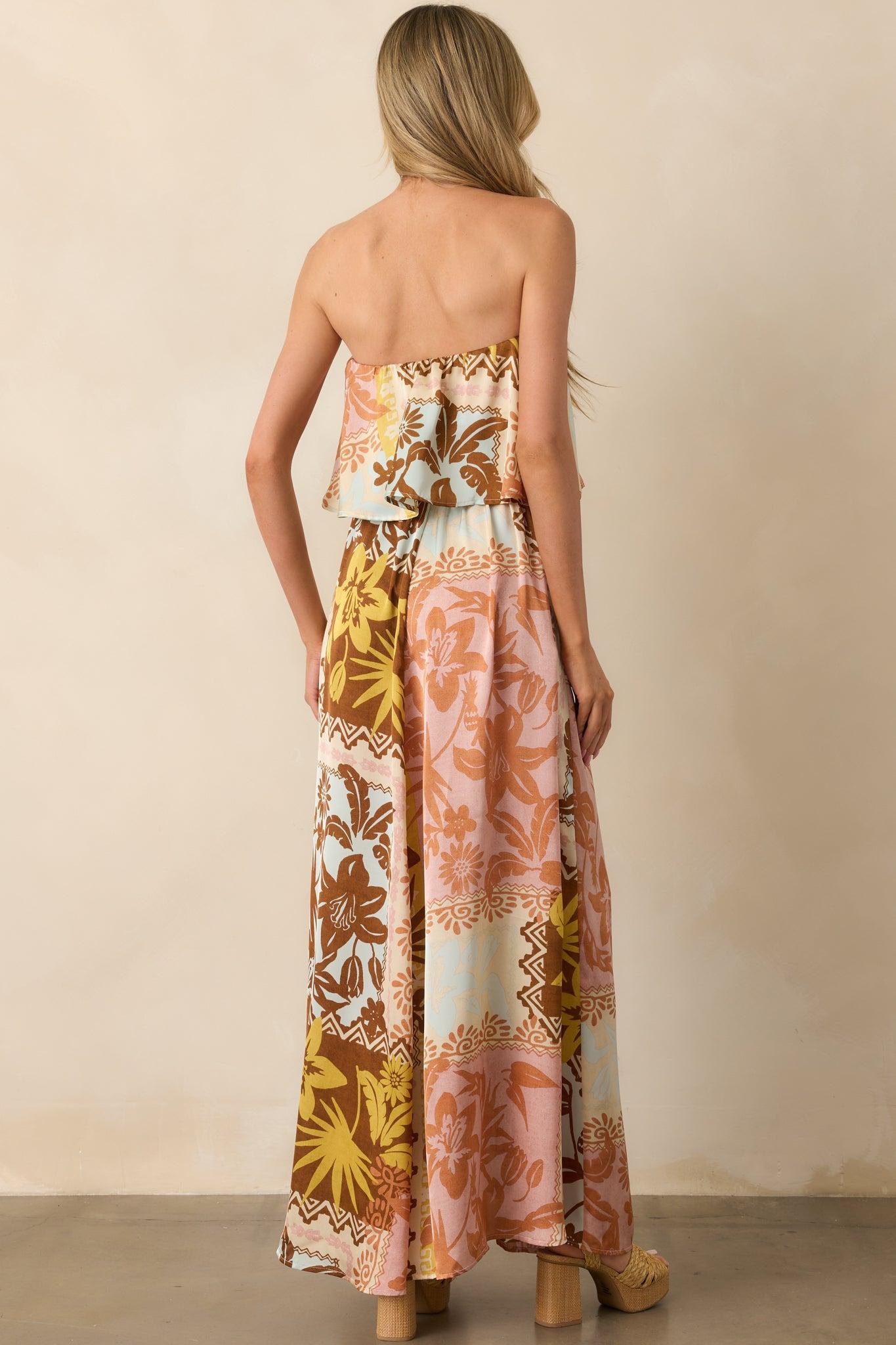 All Of The Time Pink Coral Patchwork Print Strapless Maxi Dress Product Image