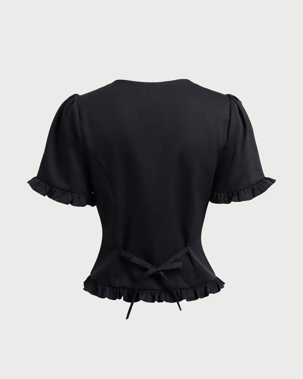 Black V-Neck Ruffle Puffed Sleeve Blouse Product Image