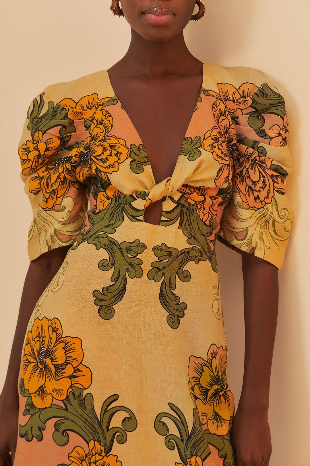 Cream Delicate Flower Arabesques Euroflax™ Premium Linen Midi Dress Product Image